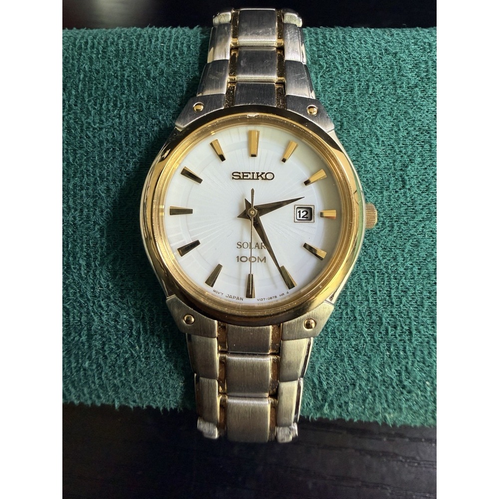 Seiko Solar V137-0BT8 Women's Two Tone Watch 100M OCC Treasury Engraved Working